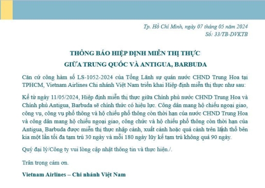 THÔNG BÁO HIỆP ĐỊNH MIỄN THỊ THỰC GIỮA TRUNG QUÓC AVF ANTIGUA,BARBUDA